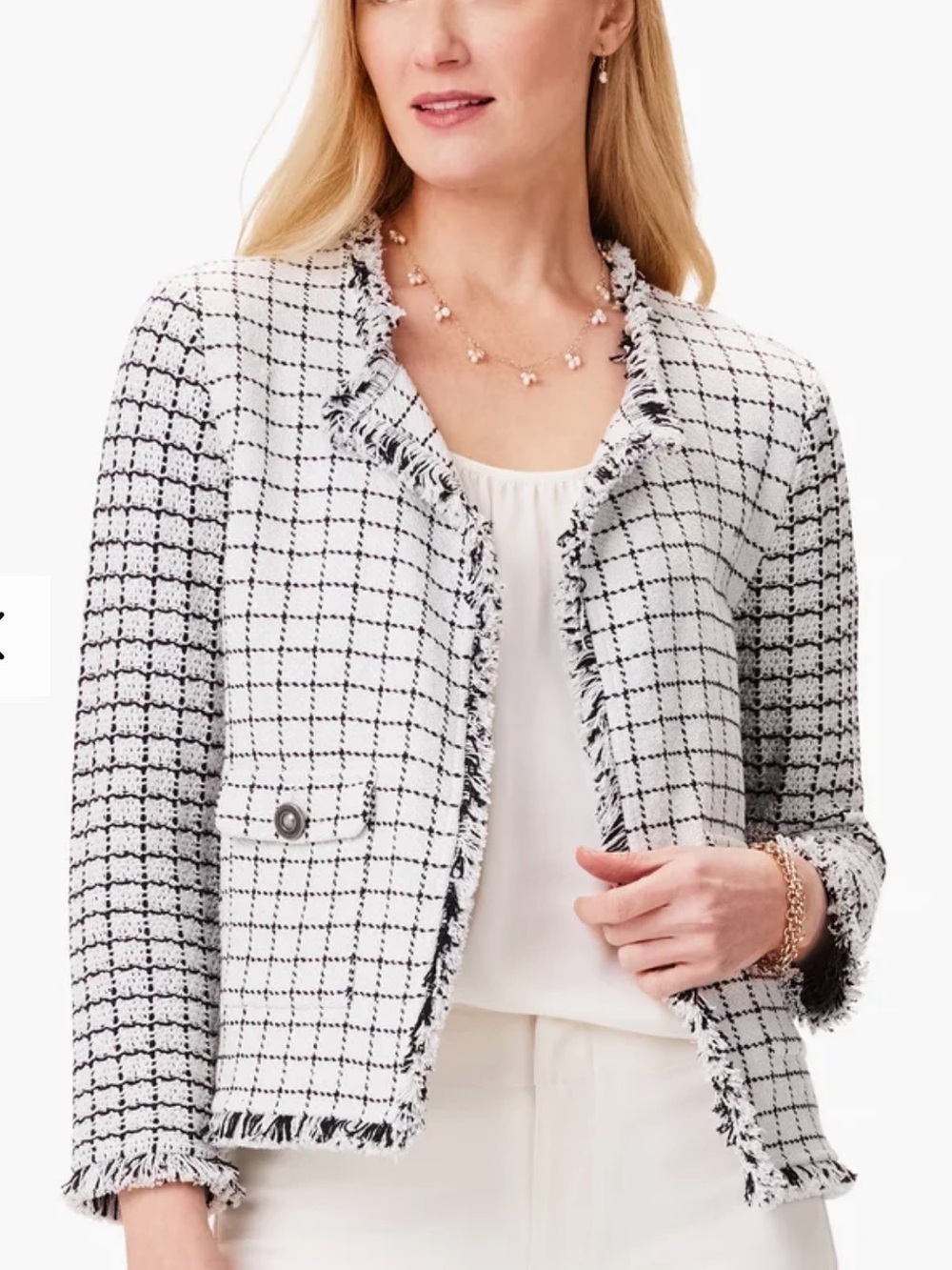 NIC+ZOE White and Black Windowpane Tweed Fringe Jacket